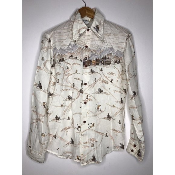 Vintage 70s Kennington Disney Mickey Ski Mountain Theme Men's Medium Shirt - Picture 1 of 12